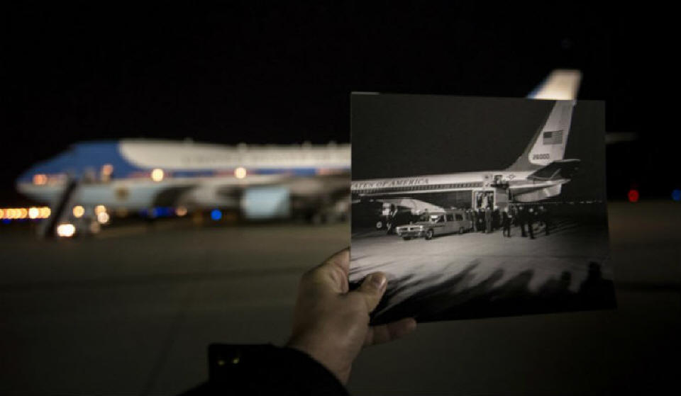 Plane in the JFK airport in 2013 and 1963 (black and white photo)